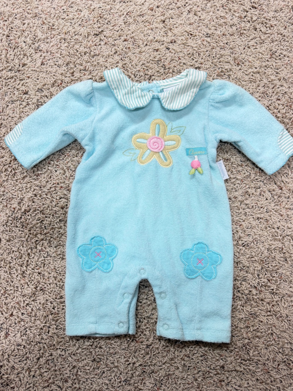Vintage Vitamin baby blue voluntary romper floral striped collar, snap romper